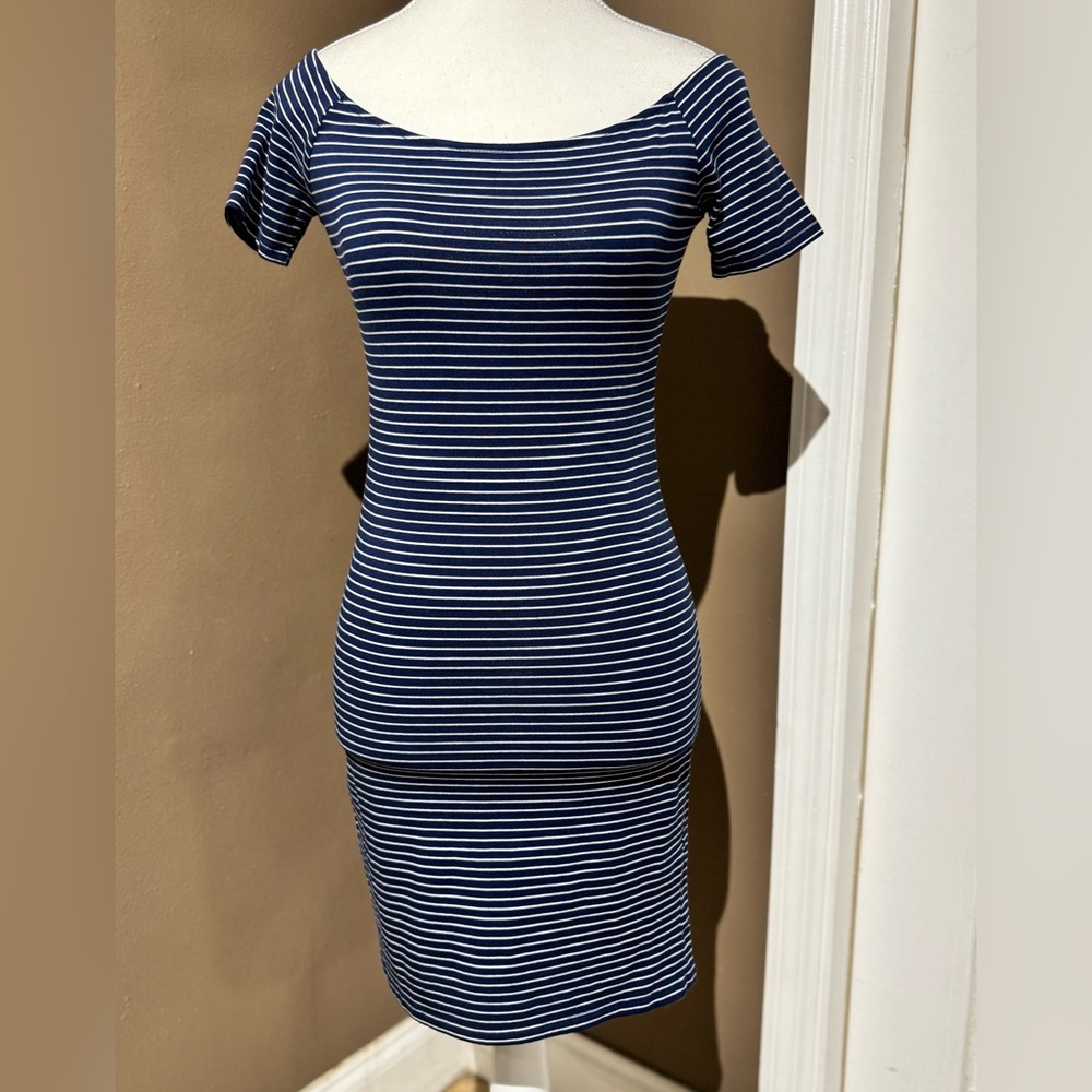 Navy and White Striped Off the Shoulder Midi Dress